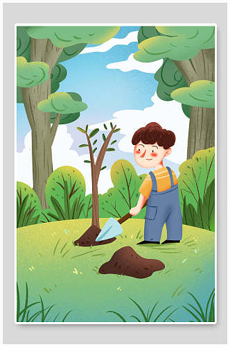 男孩挖土叶子清新唯美植树节插画