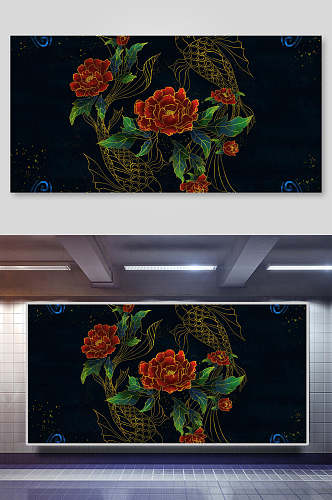 红花鎏金中式复古背景展板