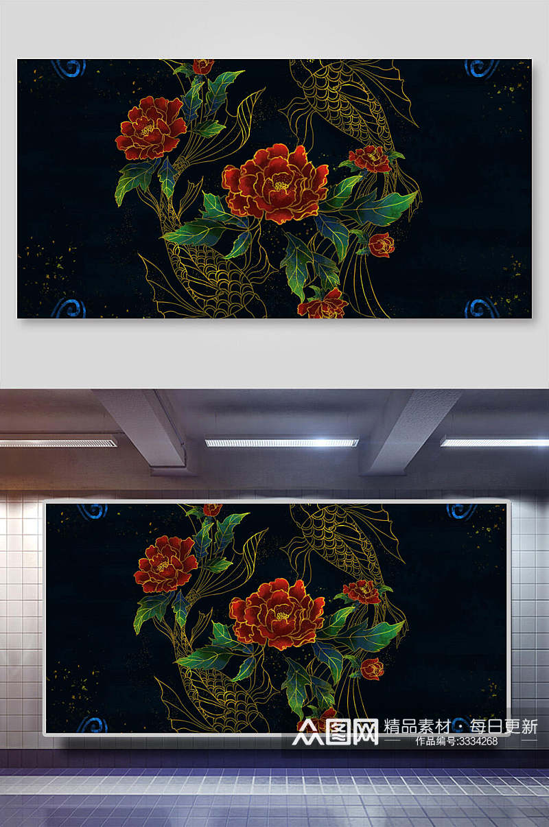 红花鎏金中式复古背景展板素材