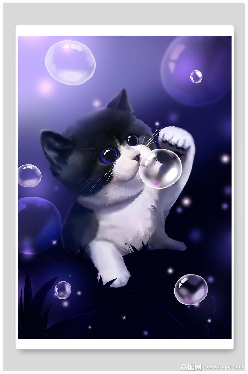 卡通梦幻猫咪紫色插画素材
