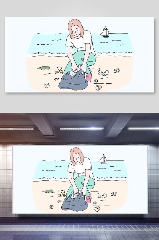 沙滩垃圾生活办公场景人物矢量插画
