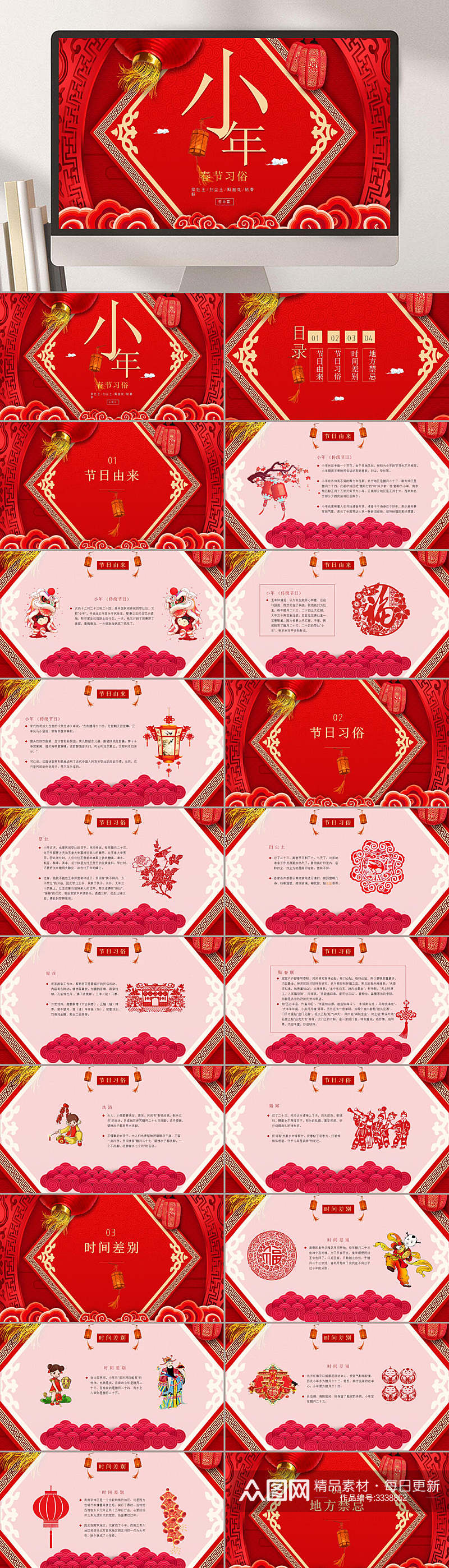 大红色金色字小年喜庆春节习俗PPT素材
