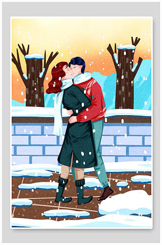 男孩和女孩在雪里情人节插画