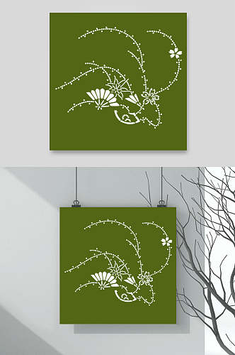 绿色植物扇子中式古典花纹矢量素材