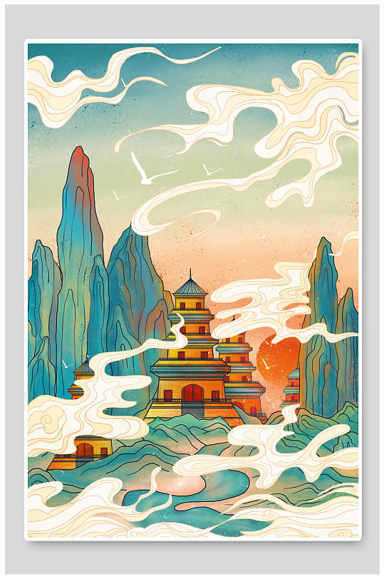 国潮风手绘大山古建筑祥云城市国潮插画
