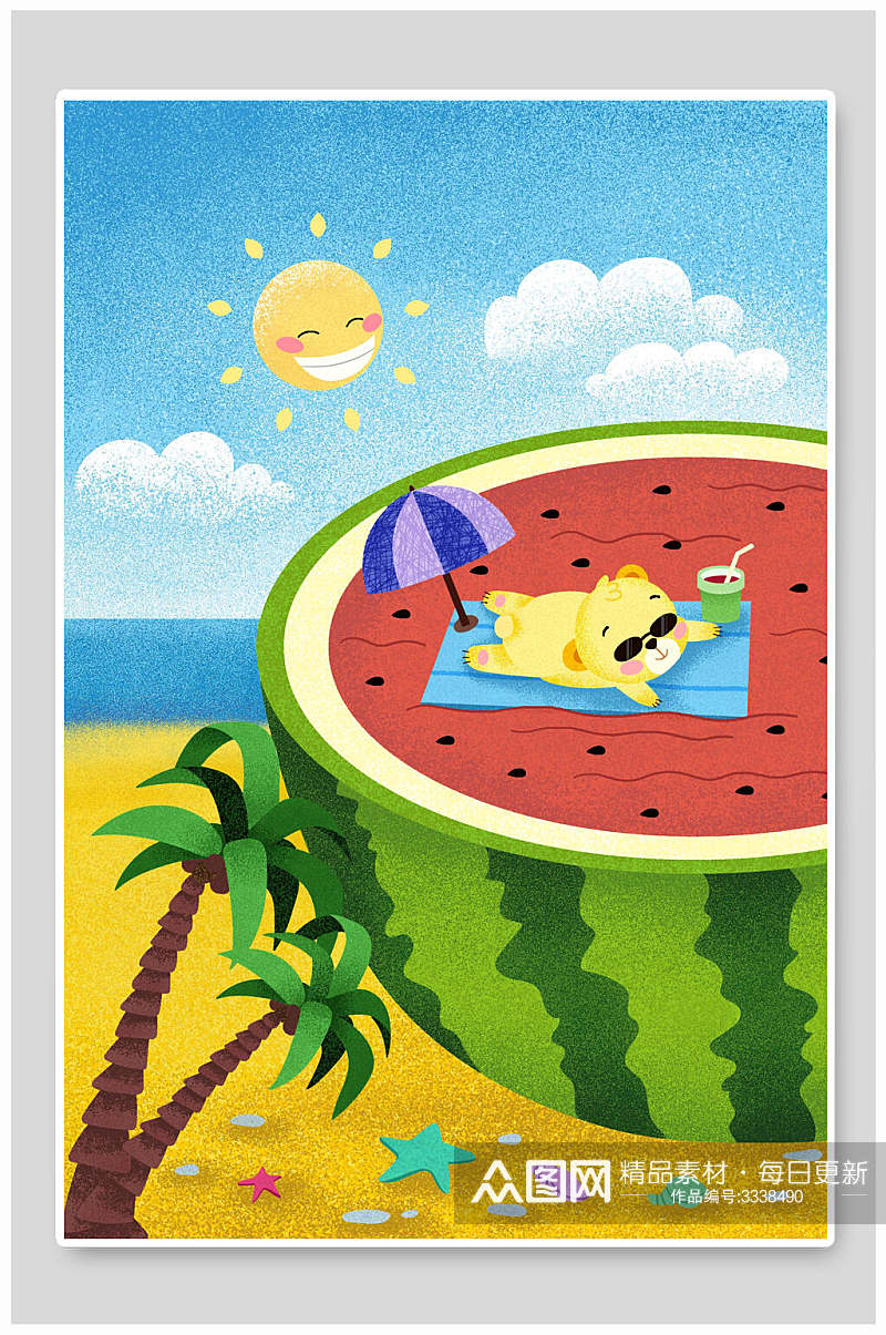 夏季吃西瓜嗮太阳海边可爱熊夏天清新插画素材