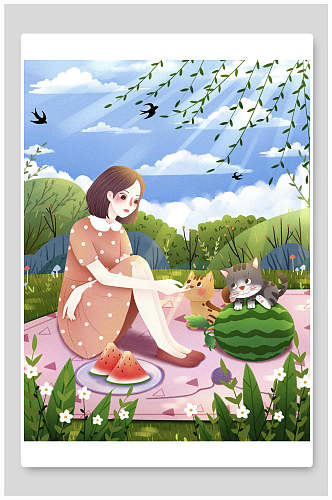 可爱猫猫和少女卡通手绘夏至插画