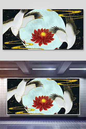 鹤玫瑰鎏金中式复古背景展板