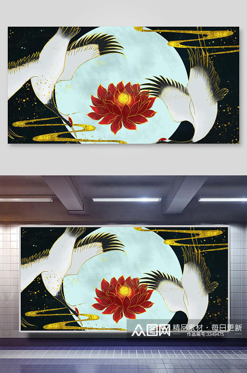 鹤玫瑰鎏金中式复古背景展板素材