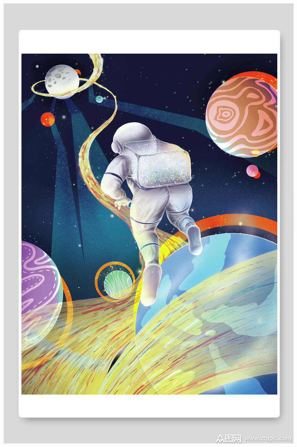 星球人物渐变色太空星球宇航员插画素材