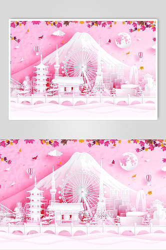 粉色富士山剪纸风格日本旅游矢量素材