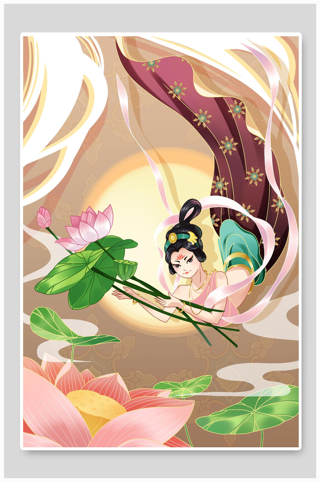仙女飞天手握花敦煌手绘国潮风插画素材