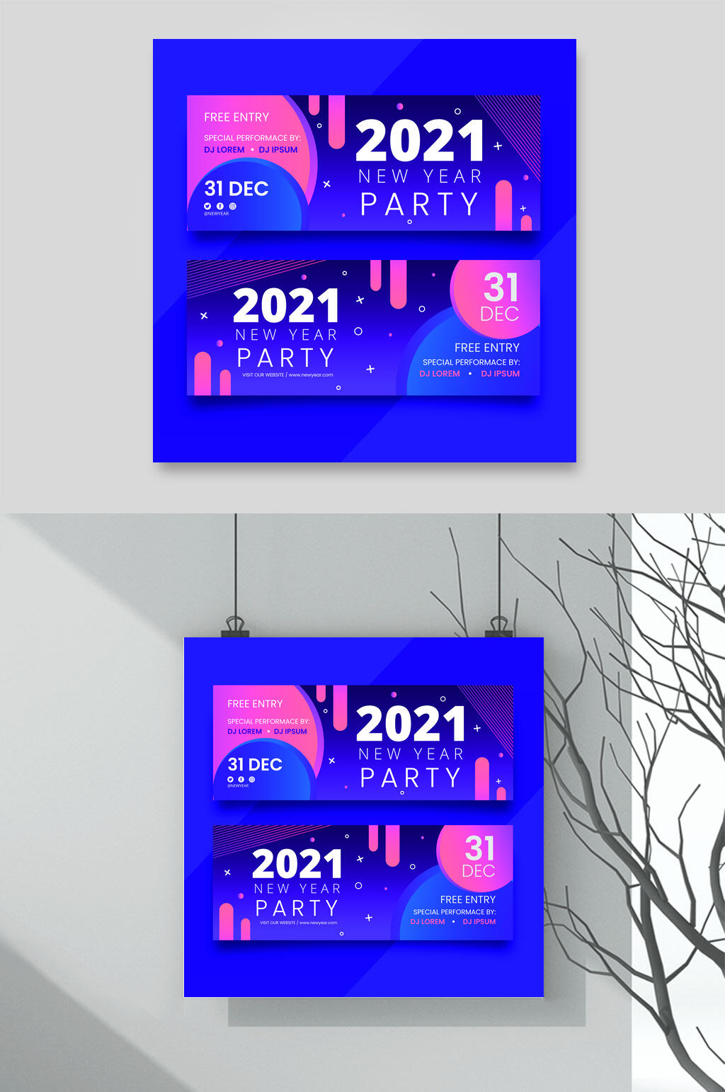 蓝色大气新年快乐促销优惠券矢量素材素材