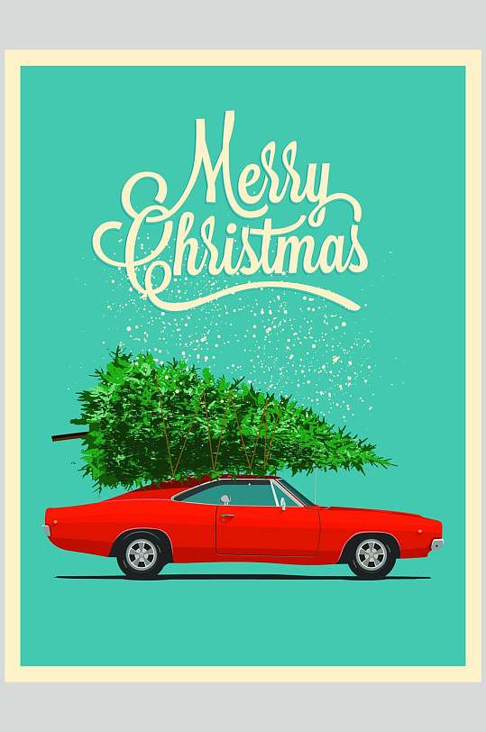 小清新创意红色汽车欧美圣诞海报矢量素材