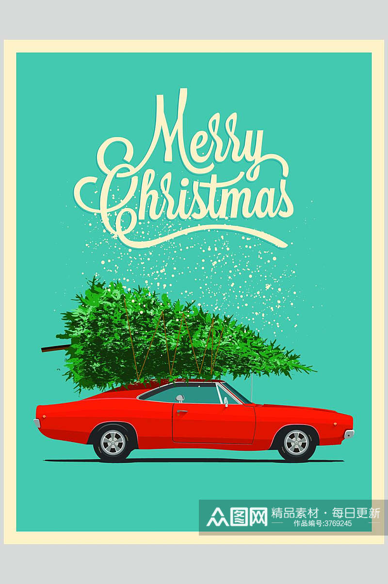 小清新创意红色汽车欧美圣诞海报矢量素材素材