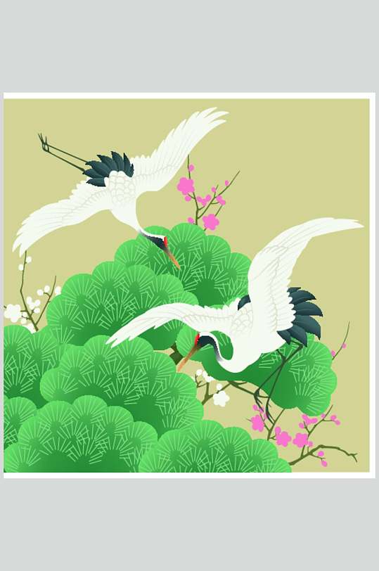 中式古典仙鹤松树花纹矢量素材