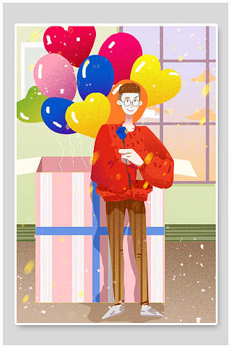 气球玫瑰礼盒黄蓝绿手绘情人节插画