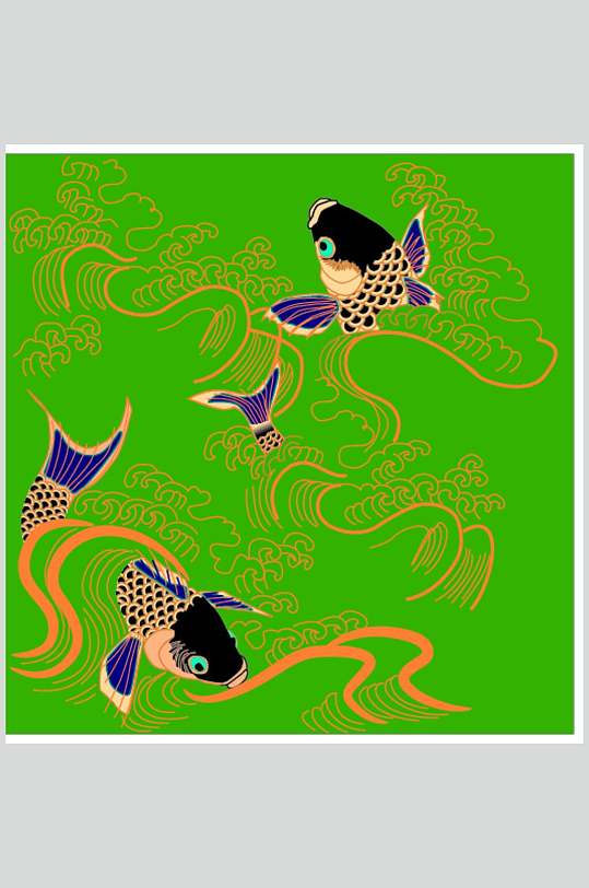 绿色锦鲤中式古典花纹矢量素材