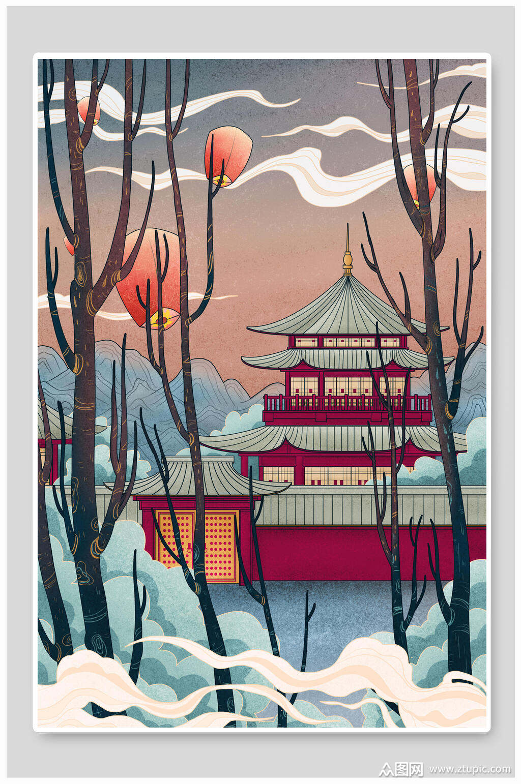 中国国潮风古建筑与树城市国潮插画素材