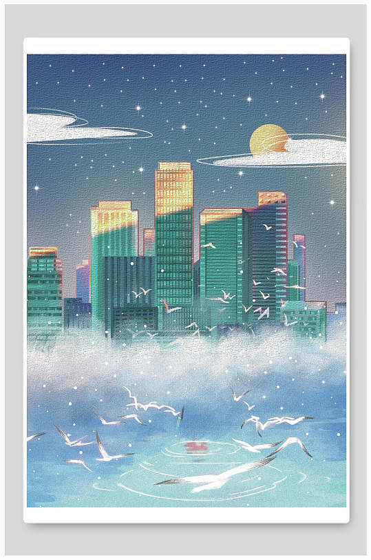 城市精美梦幻蓝绿色插画