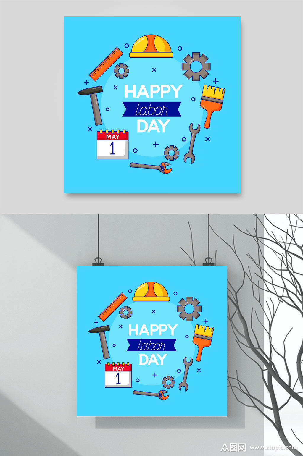 蓝色大气英文五一劳动节矢量素材素材