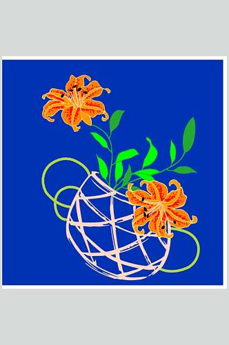 蓝色手绘花朵中式古典花纹矢量素材