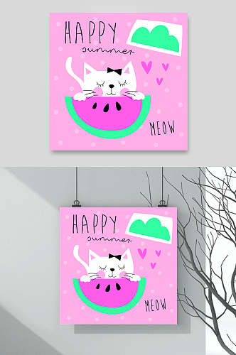 粉色西瓜猫咪动物卡通矢量素材