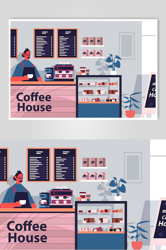 创意大气卡通咖啡厅商务插画矢量素材