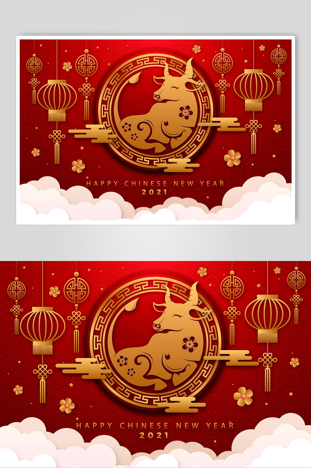 红色灯笼中国结剪纸风金牛矢量素材素材
