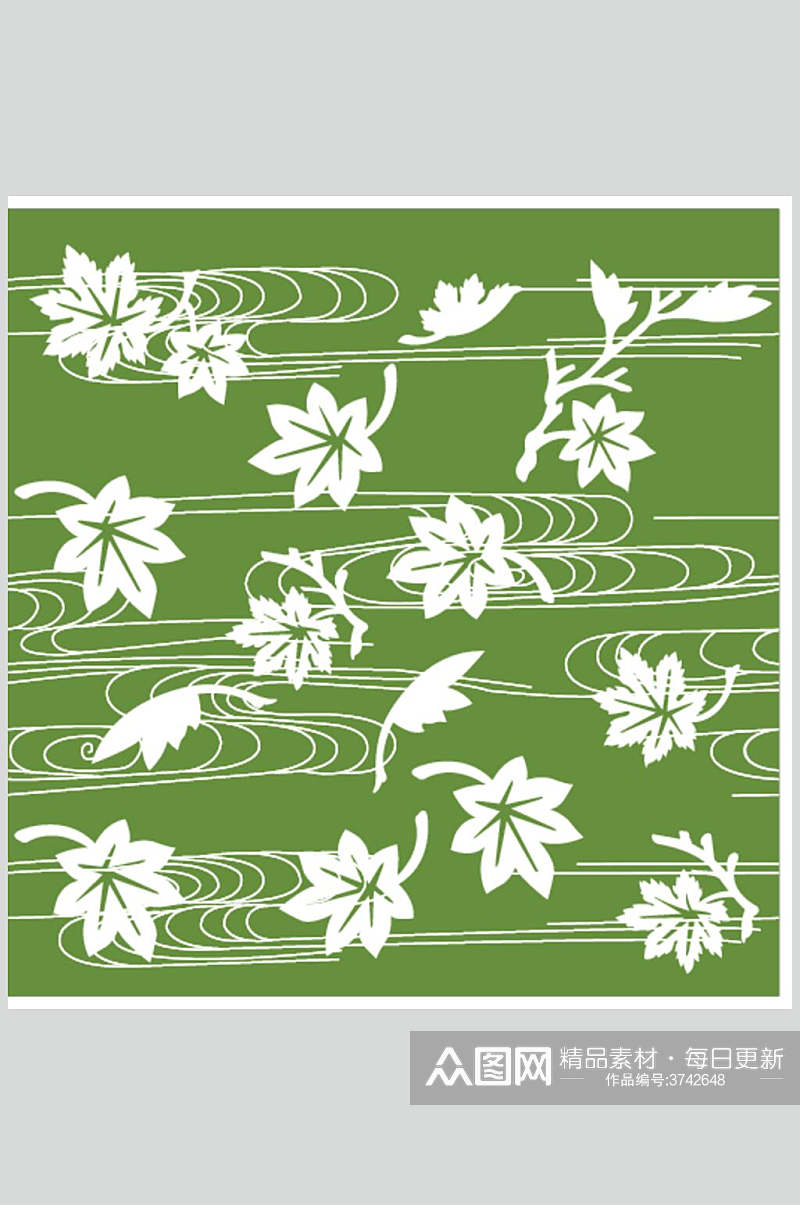小清新绿色枫叶中式古典花纹矢量素材素材