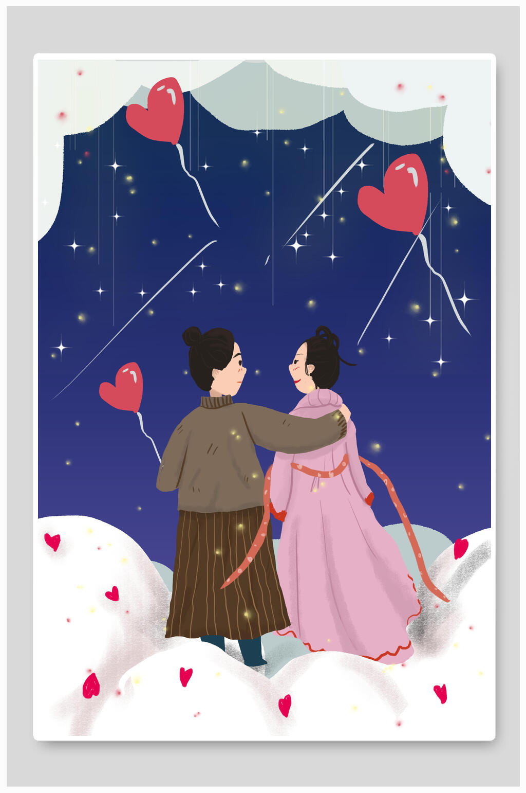 搭肩爱心气球云端赏夜景情人节插画素材