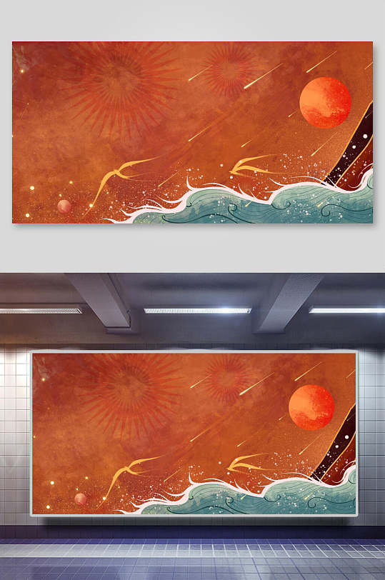 橙色高端国潮风敦煌壁画背景素材