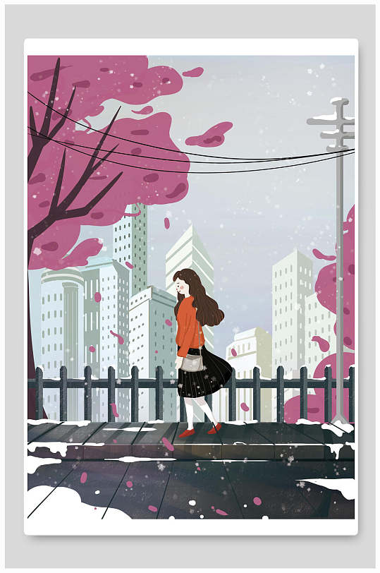 扁平化手绘卡通女生路边二十四节气立冬插画
