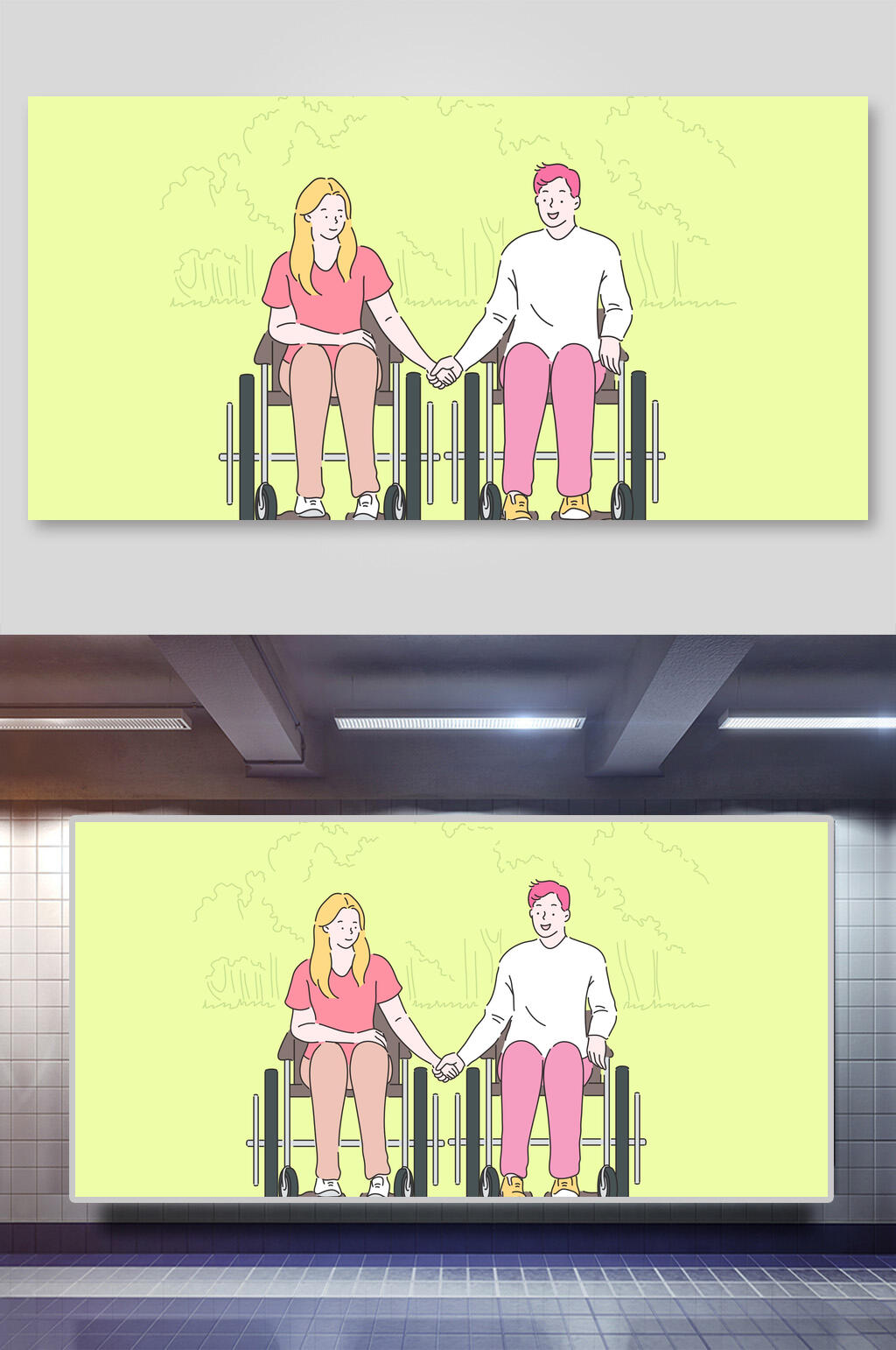 轮椅男女生活办公场景人物矢量插画素材