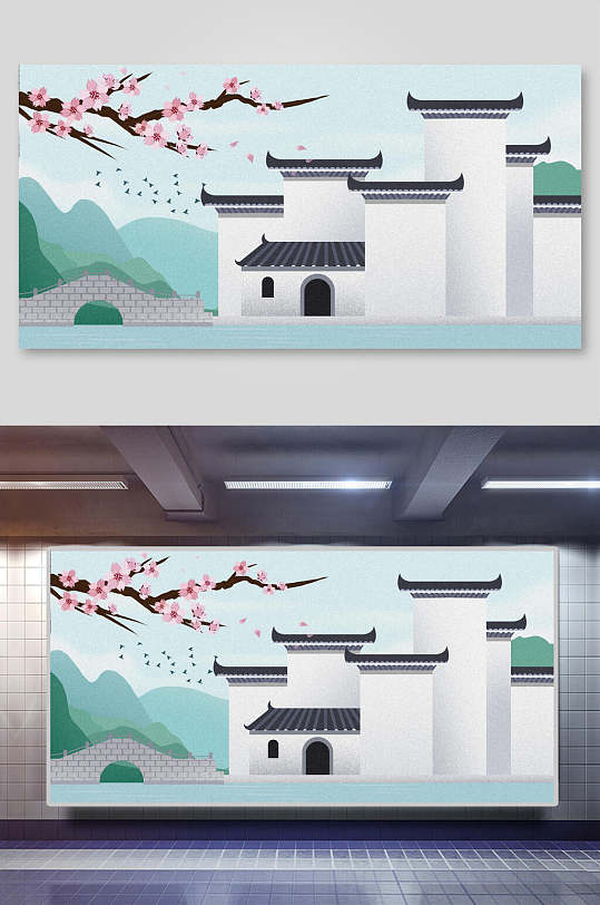 中国风简约风浅色古风建筑插画