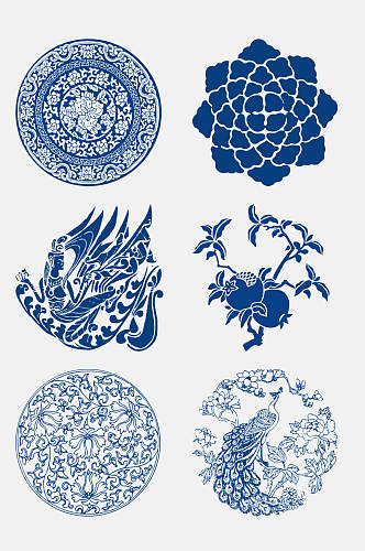 蓝色青花瓷花纹图案免抠设计素材