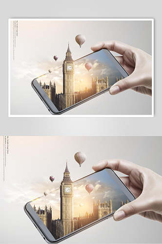 热气球建筑物穿透屏幕手机看世界创意海报