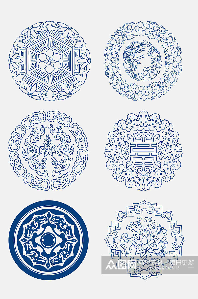 蓝色大气中国风青花瓷花纹图案免抠素材素材