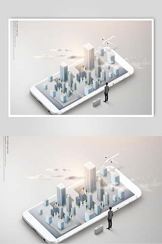 唯美城市手机看世界创意海报