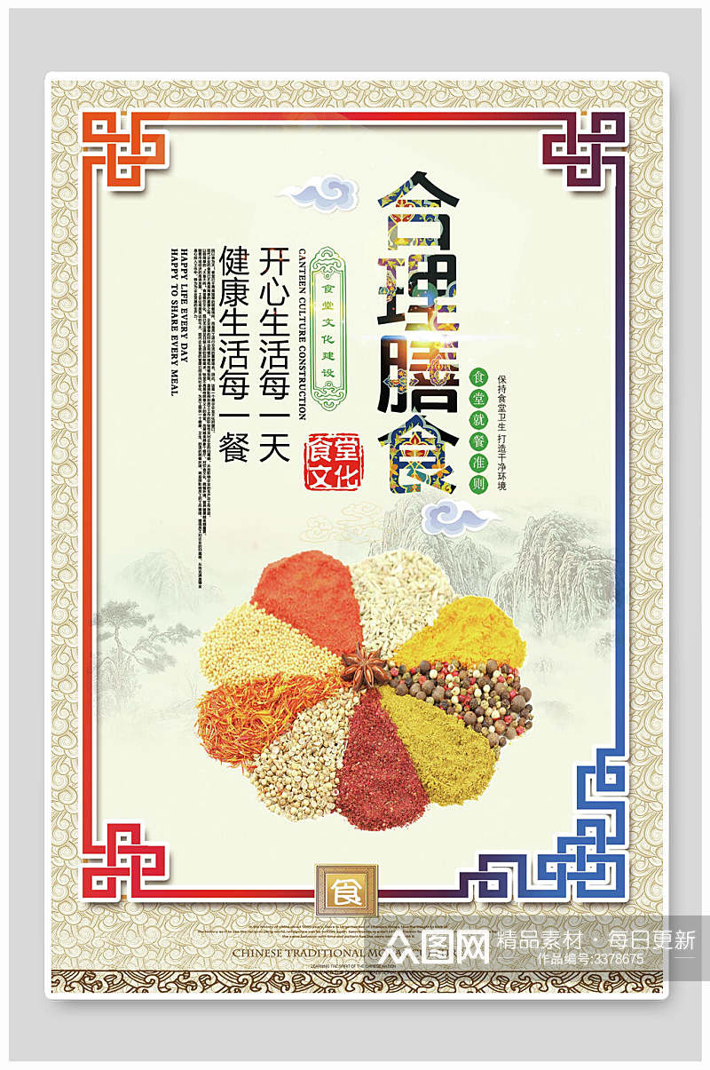 合理膳食珍惜粮食食堂标语挂画海报素材