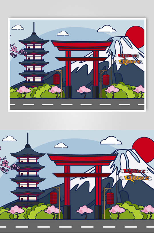 手绘古镇建筑插画素材