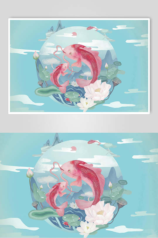 时尚锦鲤蓝中国风国潮祥云仙鹤插画