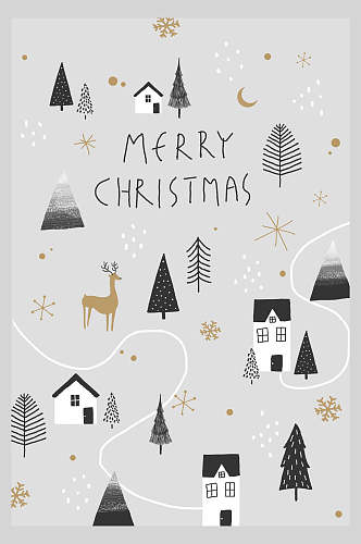 手绘房子树木圣诞插画海报
