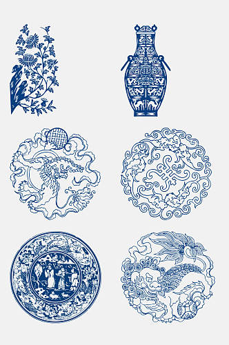 中式典雅青花瓷花纹图案免抠设计素材