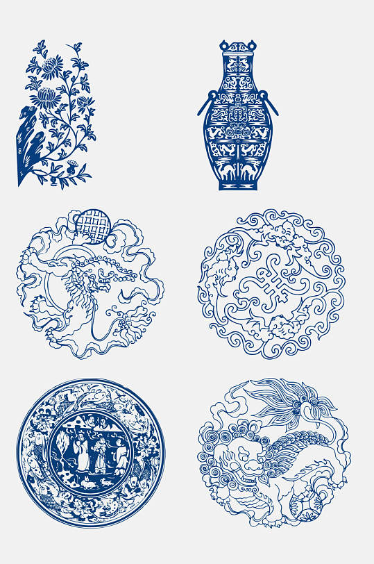 中式典雅青花瓷花纹图案免抠设计素材