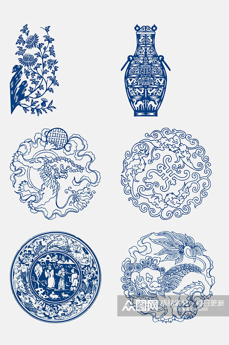 中式典雅青花瓷花纹图案免抠设计素材素材