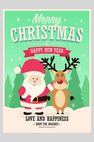 绿色圣诞老人麋鹿欧美圣诞矢量海报
