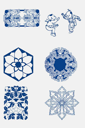 中式蓝色精美青花瓷花纹图案免抠素材