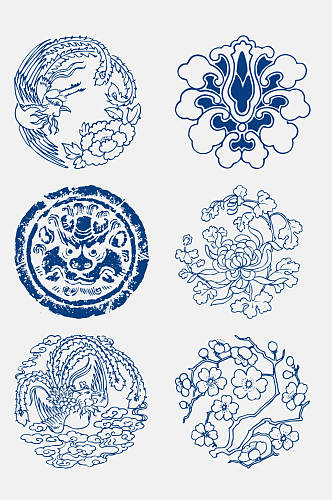 蓝色中国风青花瓷花纹图案免抠素材