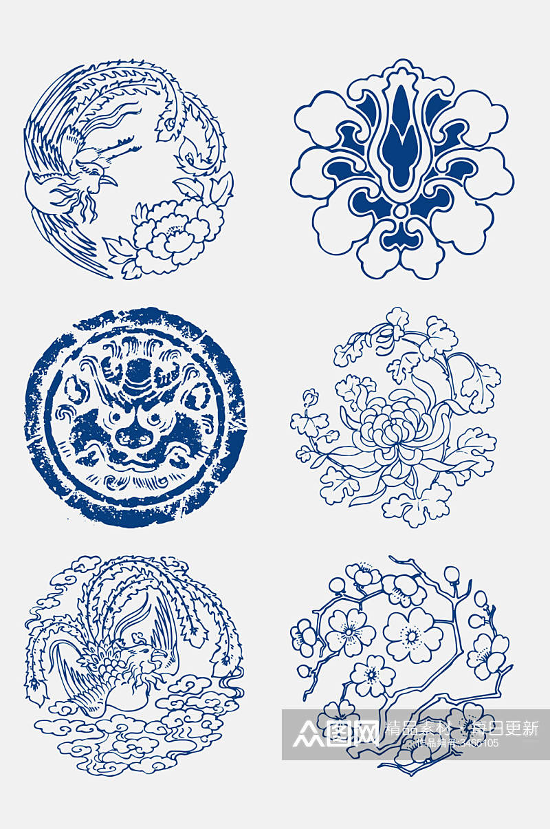 蓝色中国风青花瓷花纹图案免抠素材素材